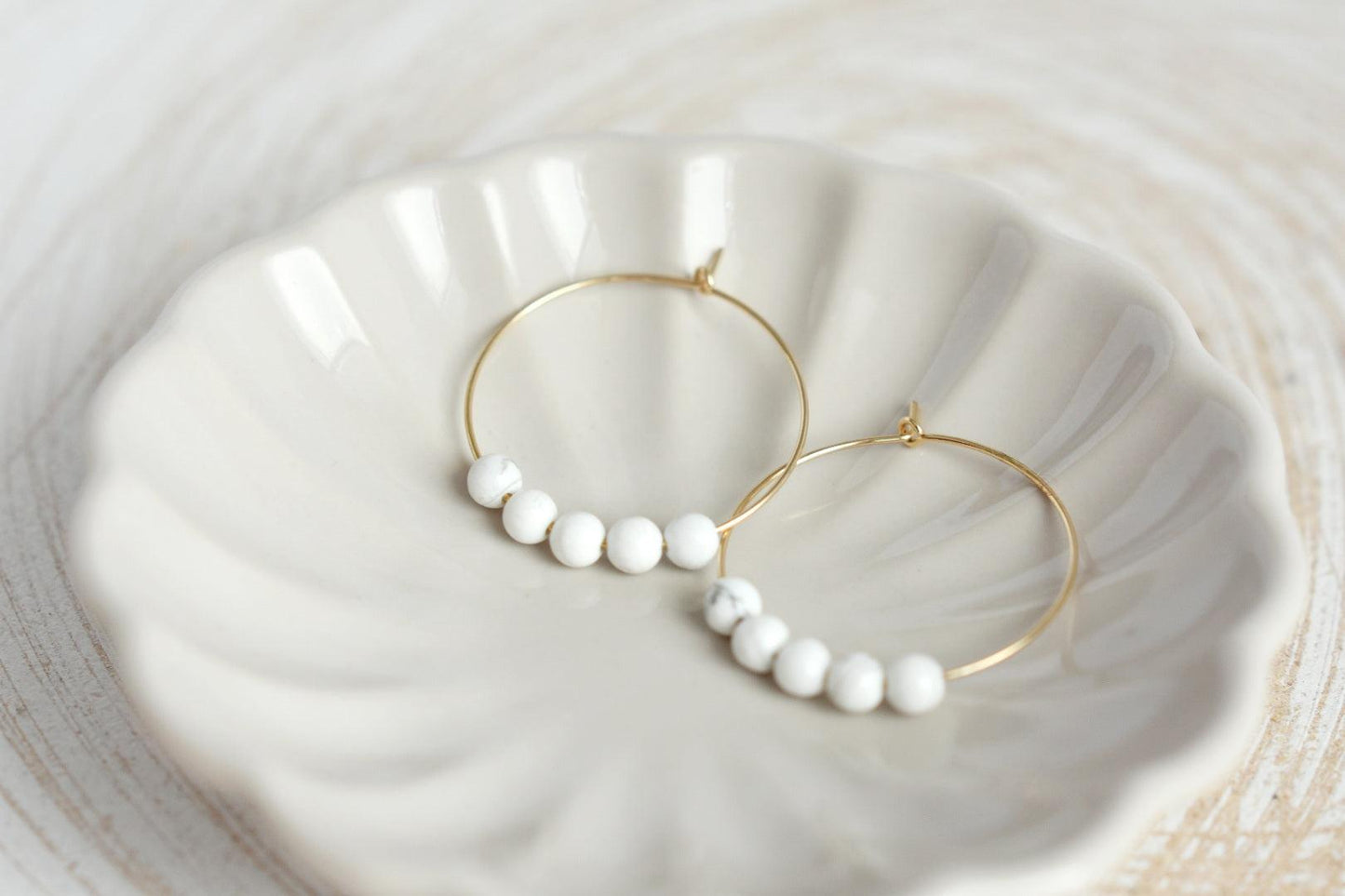 White Howlite Gemstone Midi Hoop Earrings-earrings-January Eleven