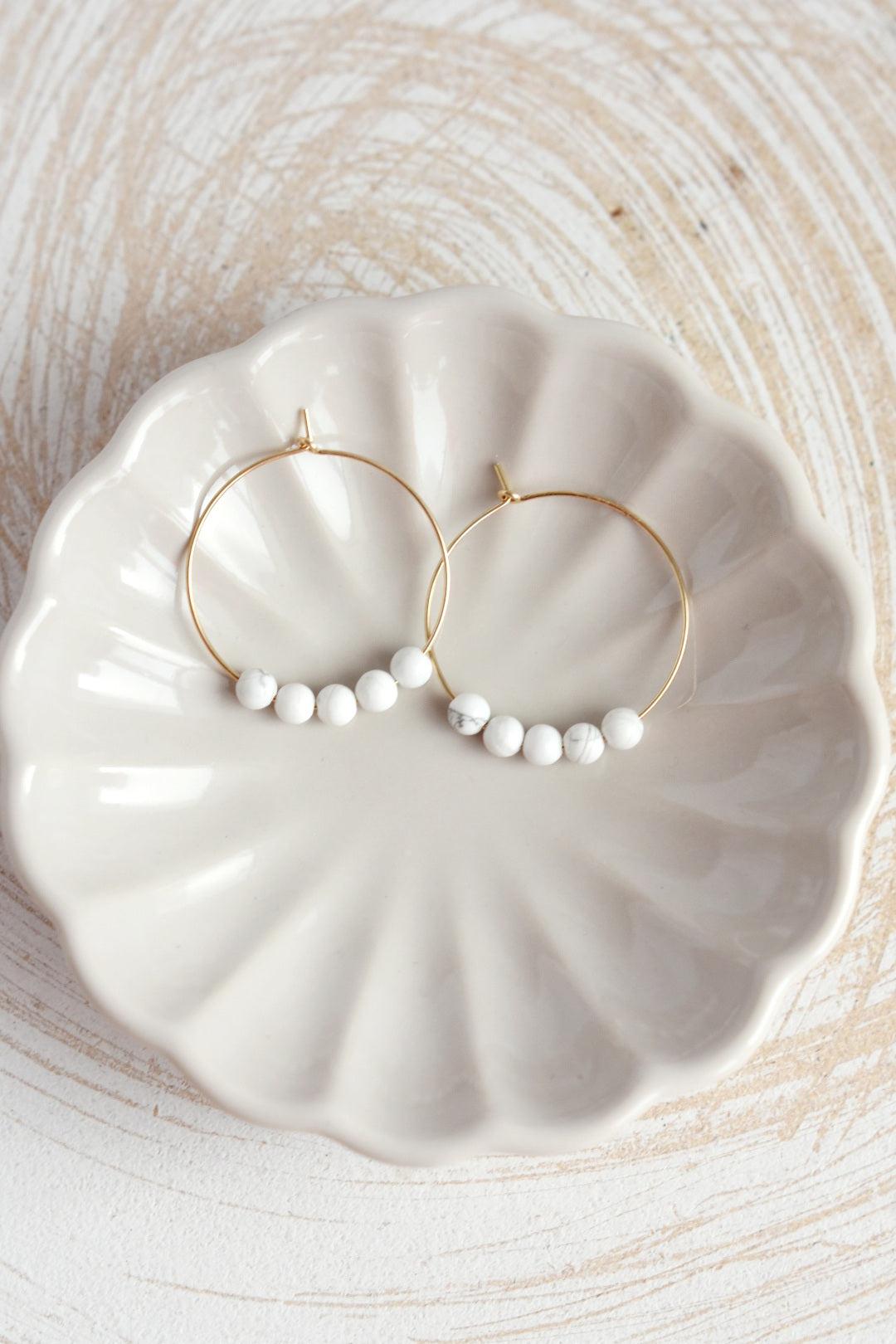 White Howlite Gemstone Midi Hoop Earrings-earrings-January Eleven