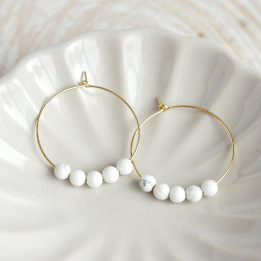 White Howlite Gemstone Midi Hoop Earrings-earrings-January Eleven