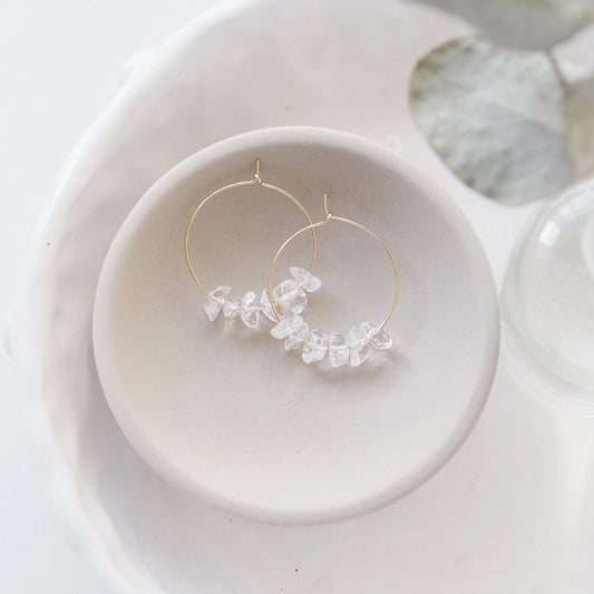 Gold and Clear Quartz Gemstone Hoops - January Eleven