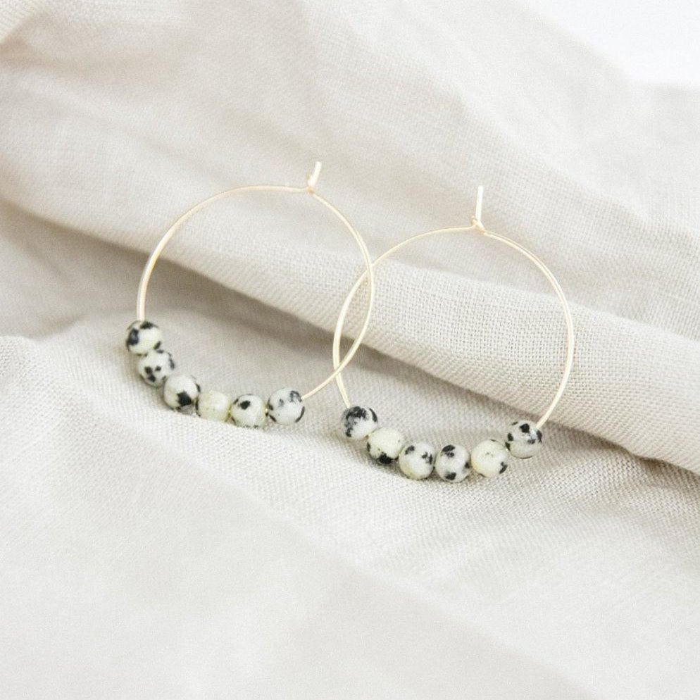 Gold and Dalmatian Jasper Gemstone Midi Hoop Earrings-earrings-January Eleven