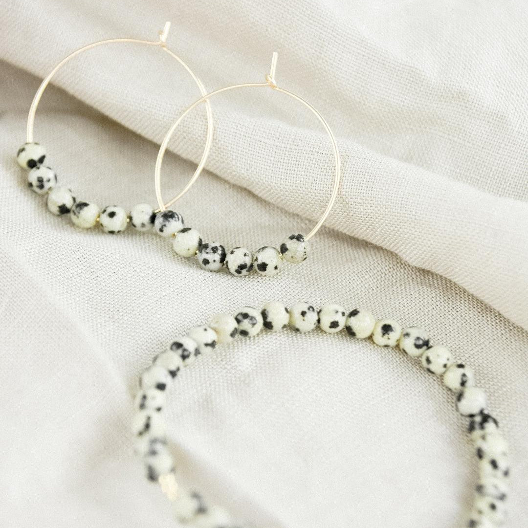 Gold and Dalmatian Jasper Gemstone Midi Hoop Earrings-earrings-January Eleven