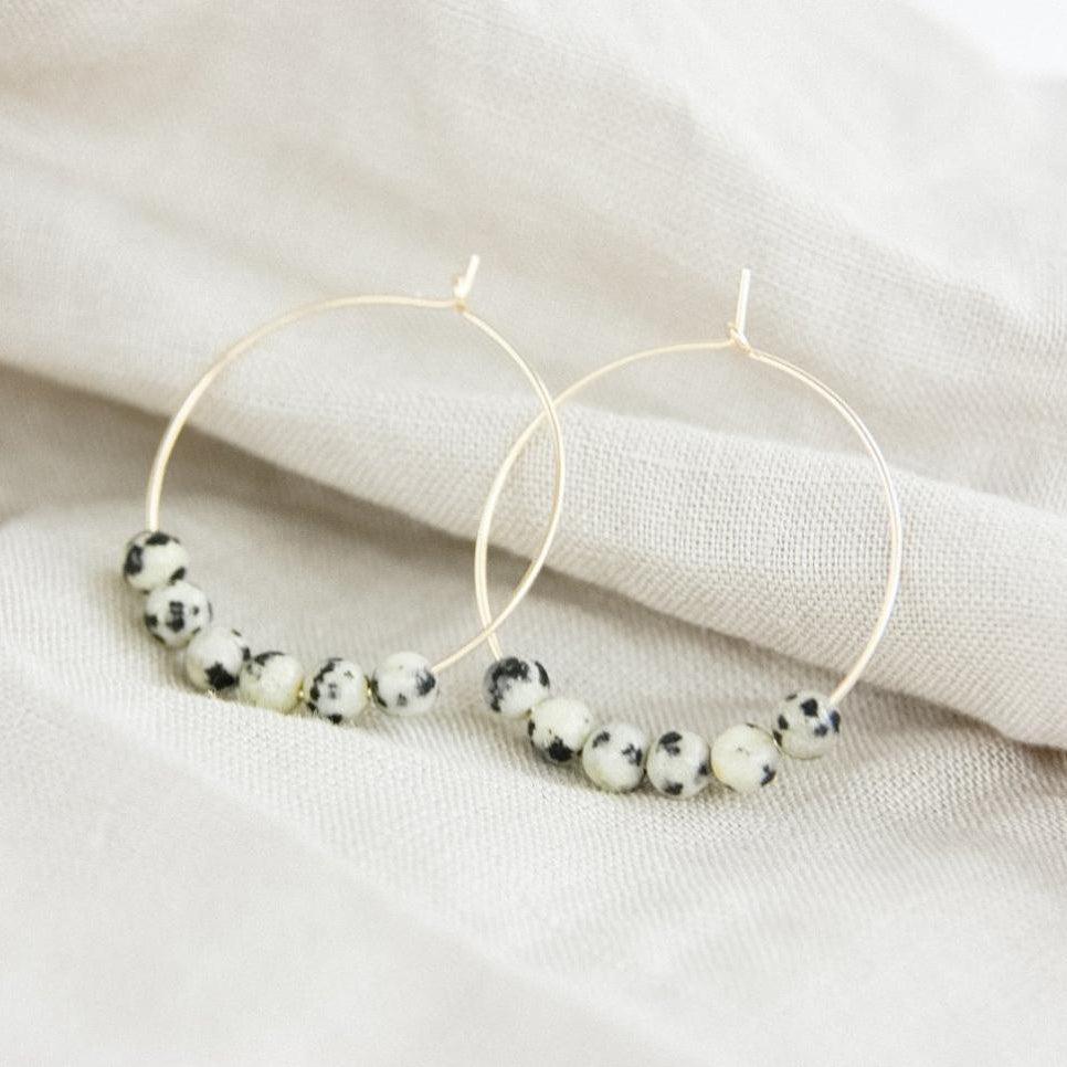 Gold and Dalmatian Jasper Gemstone Midi Hoop Earrings-earrings-January Eleven