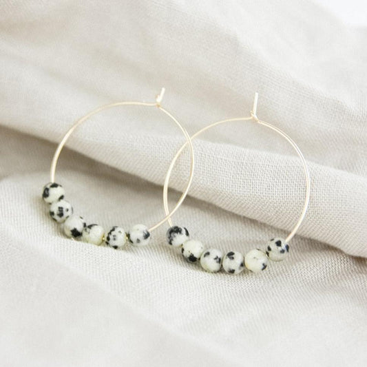 Gold and Dalmatian Jasper Gemstone Midi Hoop Earrings-earrings-January Eleven
