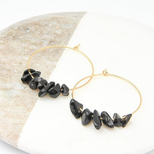 Gold and Black Stone Midi Hoop Earrings-earrings-January Eleven