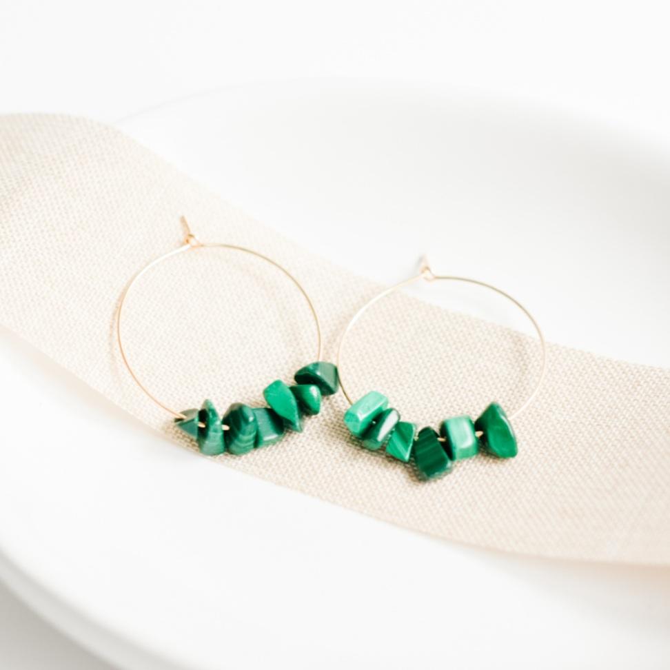 Gold and Green Malachite Midi Hoop Earrings-earrings-January Eleven